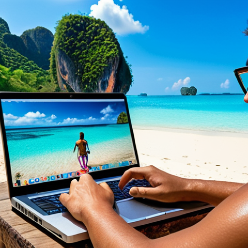 **  A digital nomad working on a laptop with a tropical beach in Thailand as a background. Focus on vibrant colors, clear blue water, and a sense of freedom and relaxation.

**