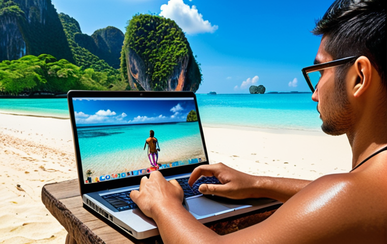 ** A digital nomad working on a laptop with a tropical beach in Thailand as a background. Focus on vibrant colors, clear blue water, and a sense of freedom and relaxation.
**