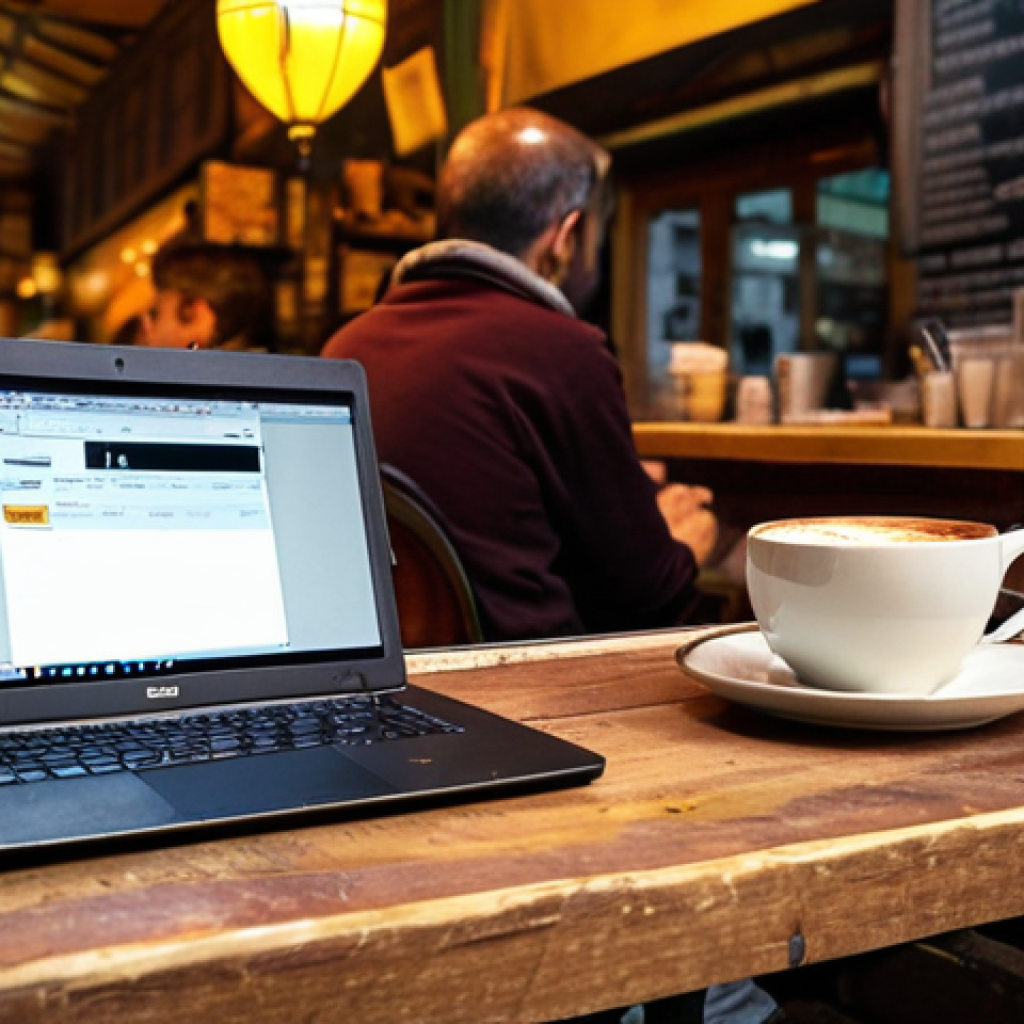 A tired digital nomad with a focused, slightly strained expression works diligently on a laptop at a rustic wooden table inside a cozy, dimly lit café in Istanbul. Through the large window behind them, the vibrant, golden light of an early morning spills onto a bustling street, where a "simitçi" (simit seller) pushes his cart, creating a stark contrast between the worker's indoor isolation and the lively city awakening. A half-finished Turkish coffee cup sits next to the laptop, suggesting a long night or early start. The overall mood is one of dedication mixed with the subtle pressure of blurred work-life boundaries.