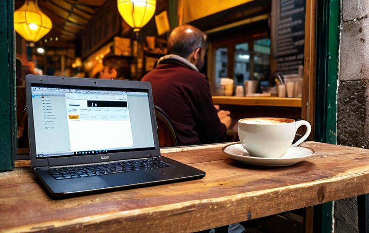 A tired digital nomad with a focused, slightly strained expression works diligently on a laptop at a rustic wooden table inside a cozy, dimly lit café in Istanbul. Through the large window behind them, the vibrant, golden light of an early morning spills onto a bustling street, where a "simitçi" (simit seller) pushes his cart, creating a stark contrast between the worker's indoor isolation and the lively city awakening. A half-finished Turkish coffee cup sits next to the laptop, suggesting a long night or early start. The overall mood is one of dedication mixed with the subtle pressure of blurred work-life boundaries.